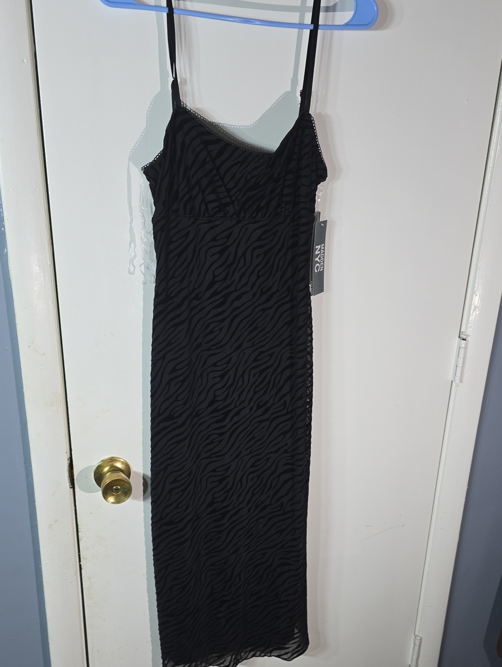 Madden NYC Black Zebra-Texture Maxi Slip Dress with Spaghetti Straps